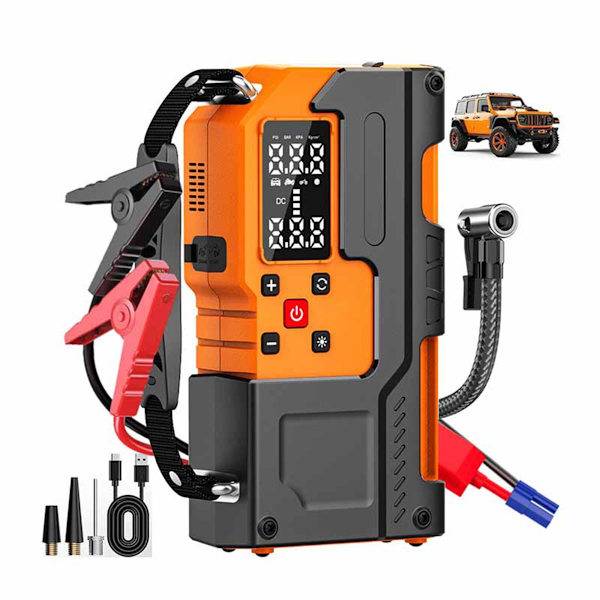 Högpresterande bilstartare med luftkompressor 10000mAh portabel däckpump och powerbank, 120W 12V, Type-C-laddning, USB A, LED nödljus