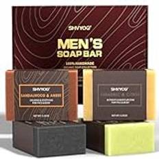 4 st Naturlig tvål för män, tvål för män, handgjord exfolierande tvål, djuprengörande, uppfriskande, återfuktande tvål för kropp och ansikte - sandelträ bärnsten, mynta, kol, gurkmeja