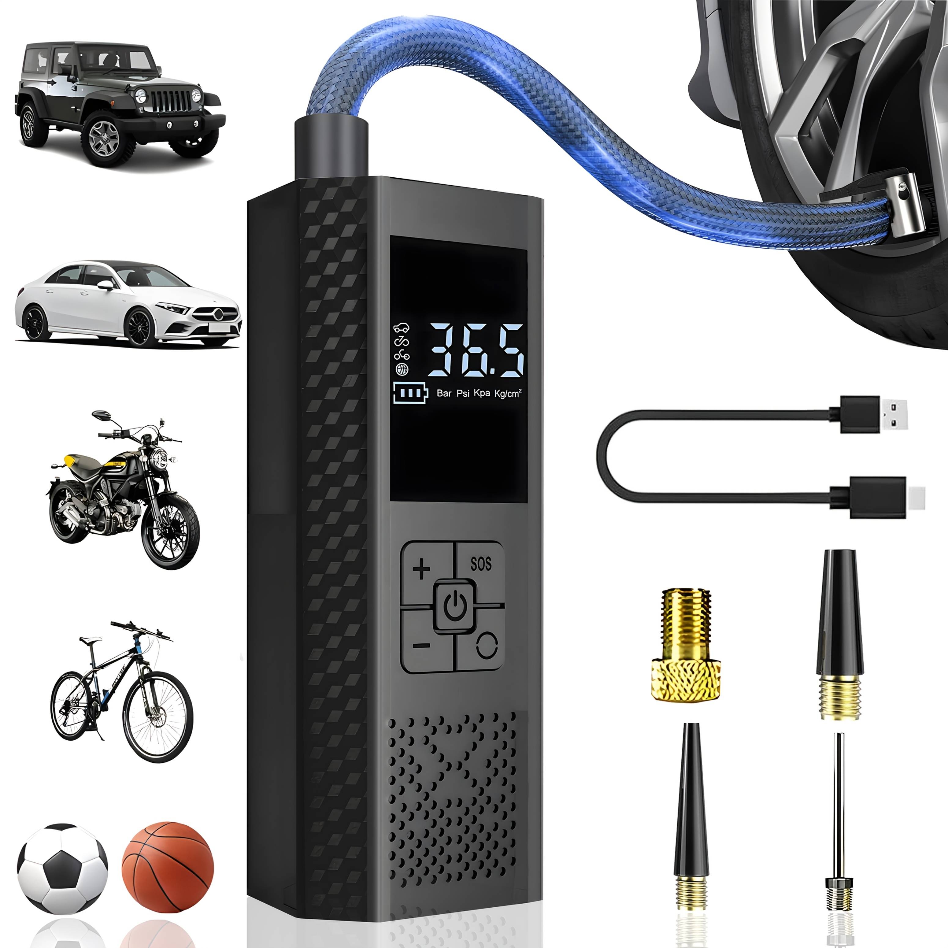 TEMU Portable Air Compressor For Tires, 150 Psi Car Tire Pump, One- Inflator For Vehicles, Motorcycles, Bicycles, And More, Equipped With A Tire Pressure Gauge And Led Light