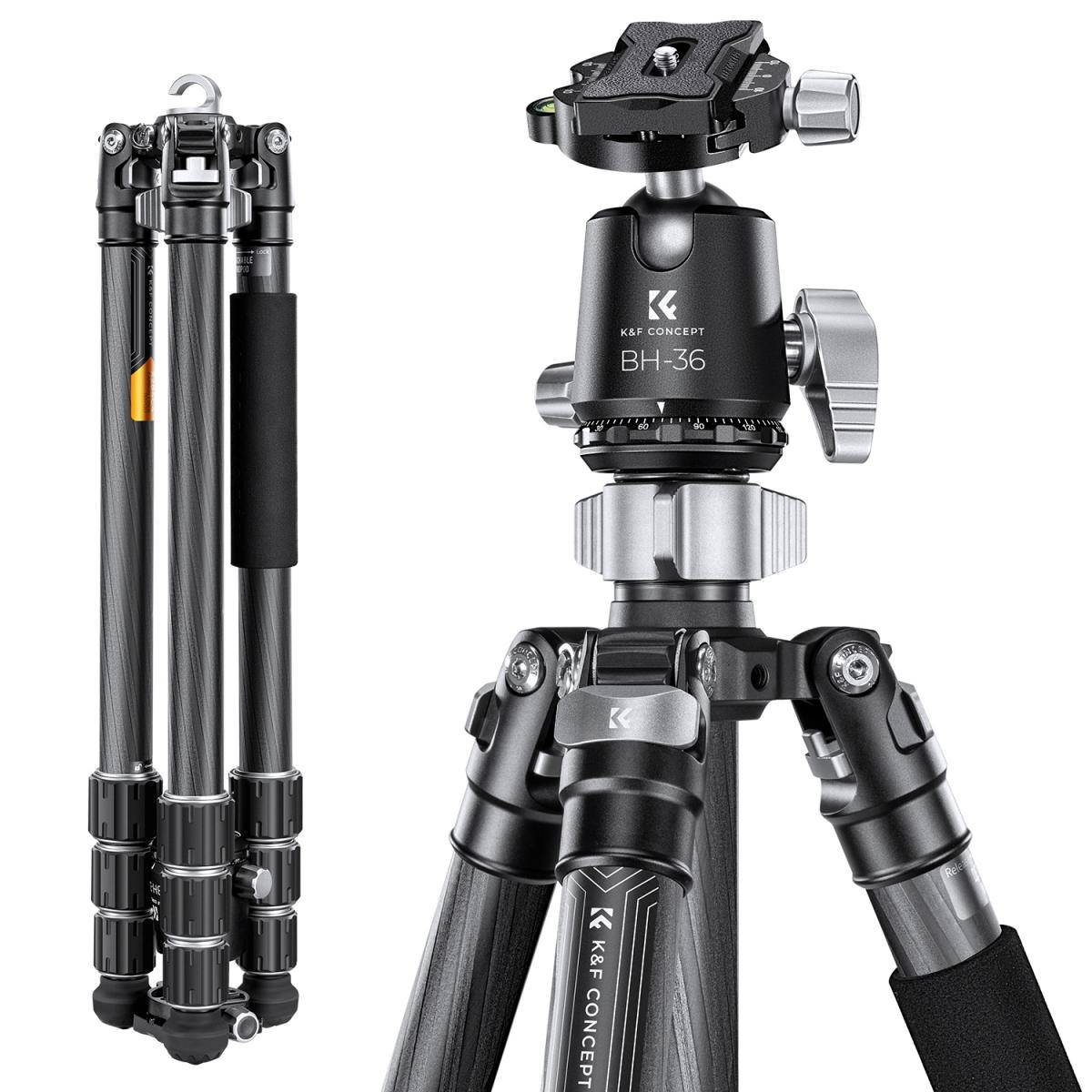 KENTFAITH Professional Tripod Carbon Fiber Tripod 68''/1.7m Capacity 16KG/35.2lbs with 36mm Metal Ball Head Load X284C4+BH-36