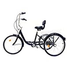 LENJKYYO Trehjuling, cykel med 3-hjul, 24 tum, 6 växlar, med korg, cruise bike med sadel, för vuxna, cykelrikscha (svart)