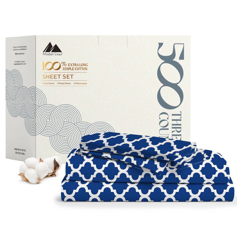 Mayfair Linned 100% Bomuld Trykt lagner til dobbelt størrelse seng - 500 trådantal 3 pc Twin Printed Sheet Set - Hotel Luksus Sateen Deep Pocket