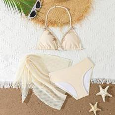 Tween Girls Bikini 3-delarsset: Enfärgad halterneckbikinitopp, trosa och meshkjol, sommar - Beige (8Y,9Y,10Y,11Y,12Y)