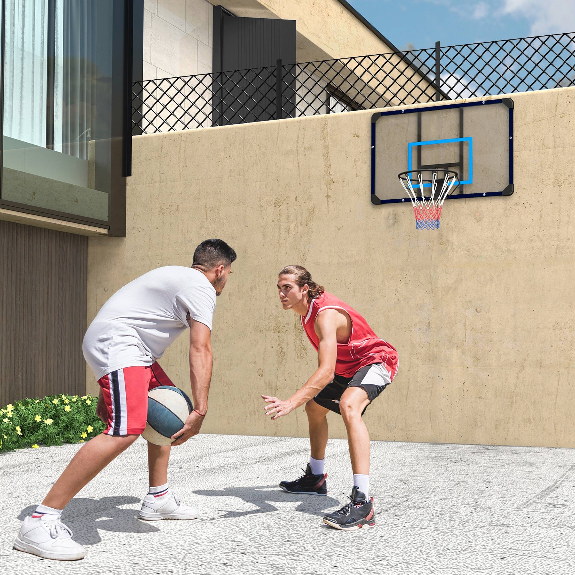 Vægmonteret basketballkurv med kurv og net til udendørs brug, stål, 113 x 61 x 73 cm, ideel til have og legeplads.