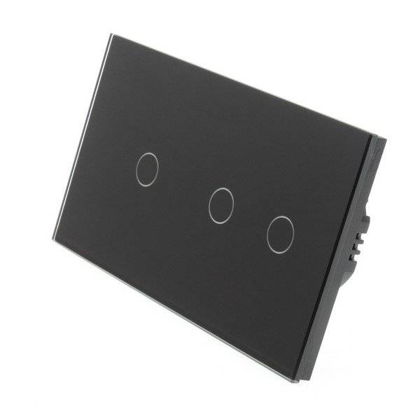 Touch Dimmer Remote Dubbelpanel Glas Strömbrytare (Svart) 3 Polig Dubbel Panel