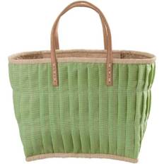 Rice Raffia Shopping Bag - Fabric Covered - Leather Handles - Apple Green Vichy - Large