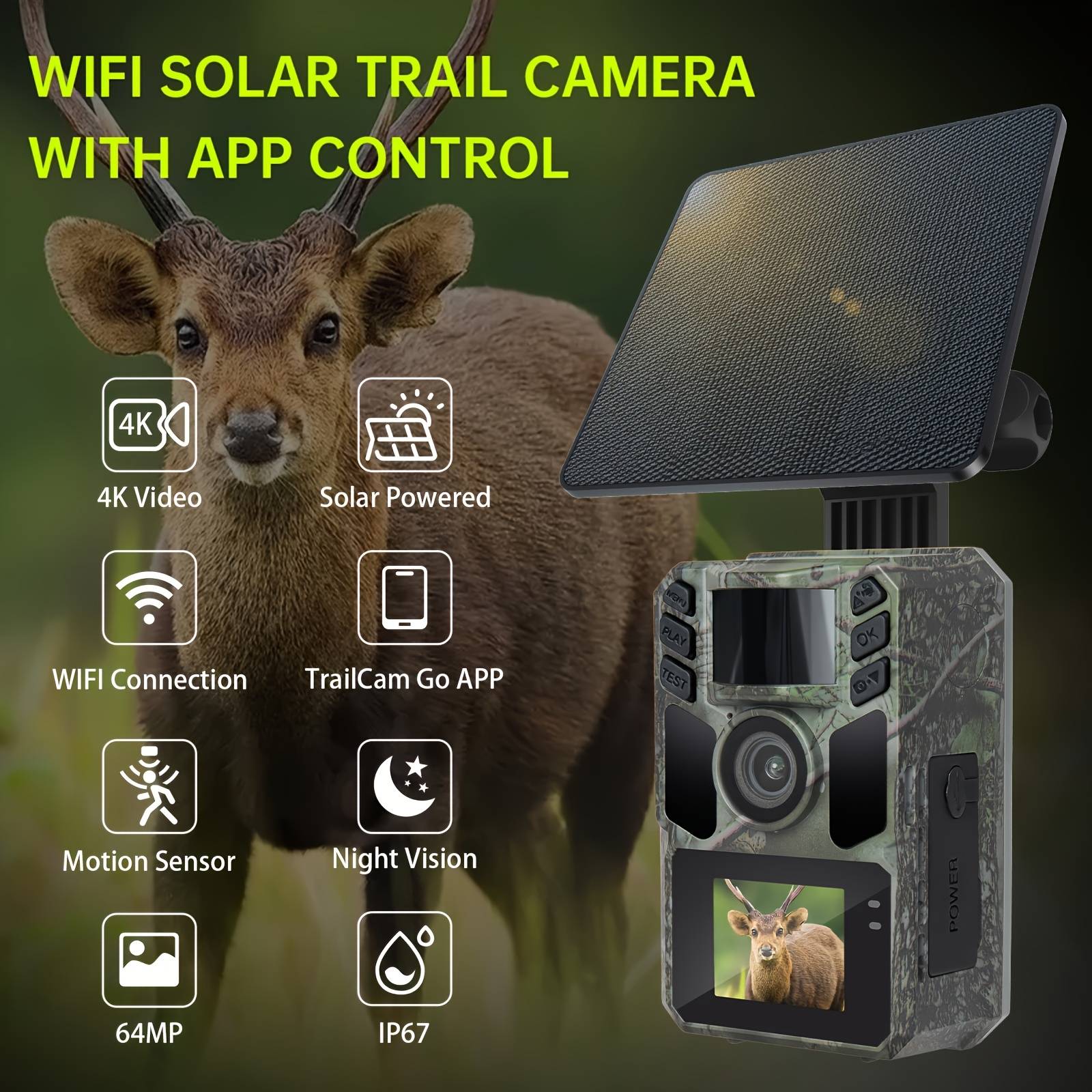 TEMU Wifi Trail Camera Solar Trail Cam - Rechargeable Trail Camera Built-in 5000mah Battery - 4k Hunting Camera With Night Vision For Wildlife Monitoring With 64gb Memory Card