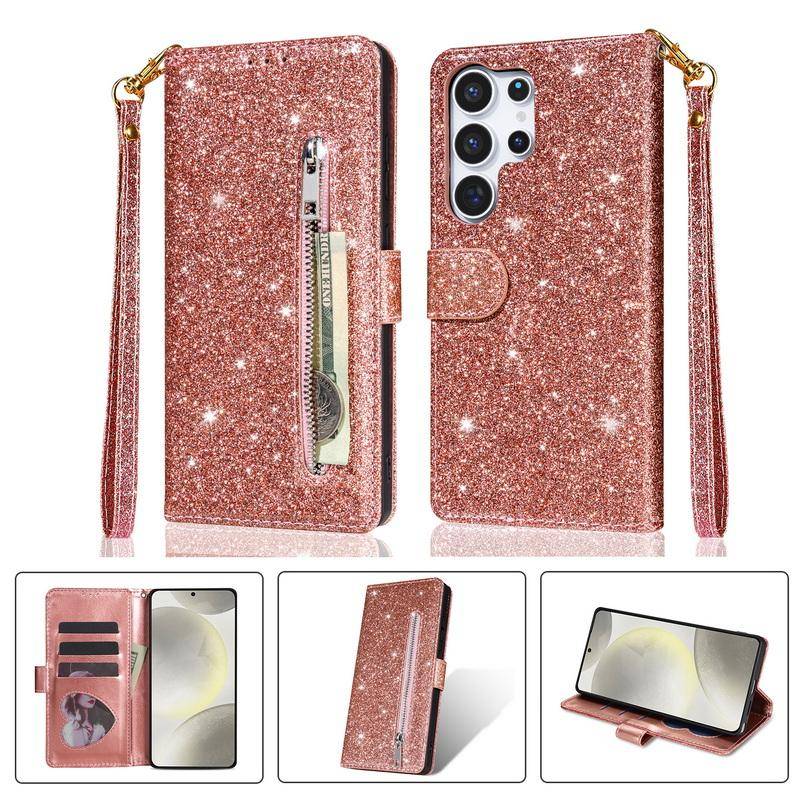 Glitter Dragkedja Läder Flipped Plånboksfodral För Samsung S26 Ultra S25 Edge S24 S23 S22 Plus S21 FE A15 A16 A17 A25 A26 A34 A35 A36 A37 A54 A55 A56