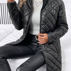 TEMU Women's Elegant Quilted Polyester Jacket - Long Sleeve, Zip-up With Pockets, Black, Glossy Finish For Spring & Fall, Casual | Puffer Style | Smooth Texture