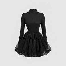 Svart Vintage Söt Mesh Contrast Bubble Klänning För Kvinnor, Day Of The Dead Outfit Svart Turtleneck (L,M,S,XL,XS,XXL,XXS,XXXL,XXXXL)