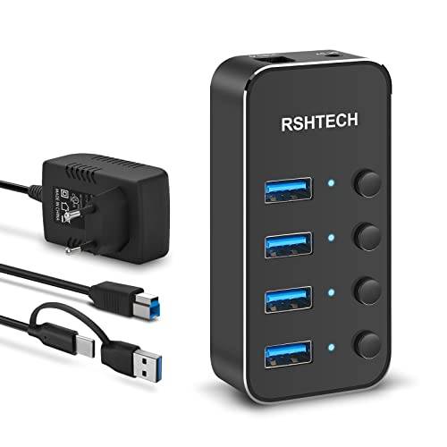 RSHTECH Drivs USB 3.0-hubb med 4 USB 3.0-dataportar aluminium USB C-splitter med 2-i-1 Hybrid USB-C/A datakabel 100 cm, 5 V strömförsörjning