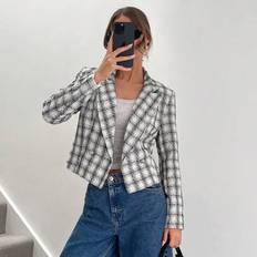 Damblazer,Polis Damkostym,Business Casual Damkostym,Rutad kavajjacka för kvinnor, Tweedrock med vadderade axlar, Vinterkläder,Elegant klänning - Svart och Vitt (L,M,S,XS)