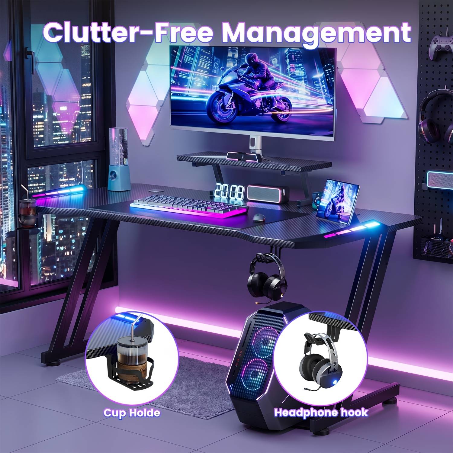 Gaming Desk With Led Ambient Light, Carbon Fiber Texture Computer Gaming Table, Game Workstation Desk With Monitor Stand, Headphone Hook And Cup Holder For Bedroom Game Corner