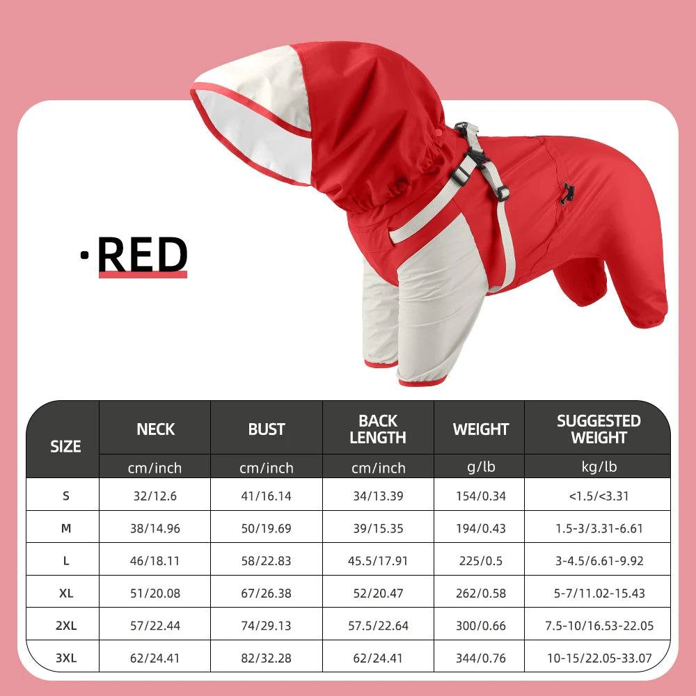 Waterproof Dog Raincoat with Harness & Detachable Hood - Red / 2XL / SPC (2XL)
