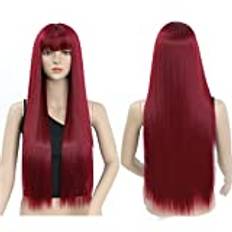 Långa Raka Röd Peruker för Kvinnor, Syntetisk hår Peruk med lugg, 75cm Long Red Straight Wig with Fringe Bangs for Women