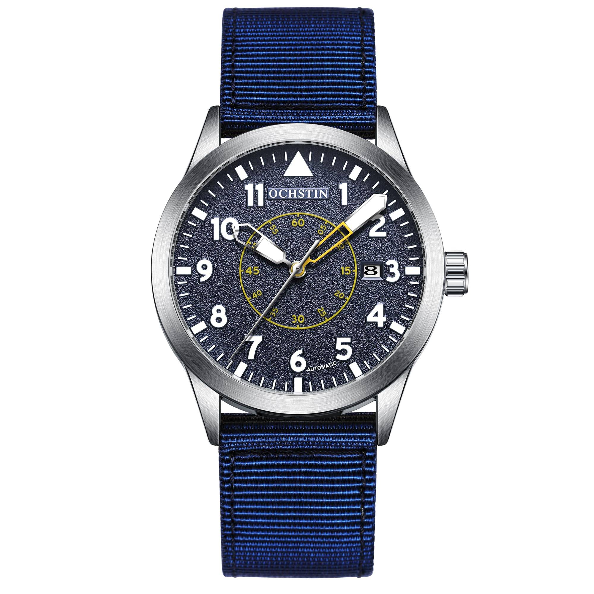BOLYTE Herrars Mekaniska Militärklocka, Automatisk, Analog Display med Automatisk Datum, Open Heart-design med Premium Nylonarmband, N Blå, Militär