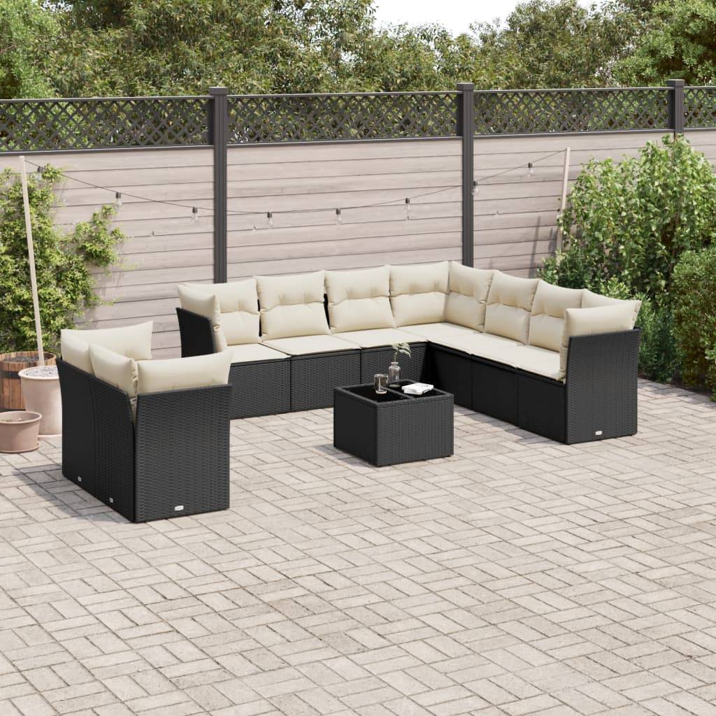 Sofasæt Til Haven 9 Dele Med Hynder Polyrattan - Sort og cremefarvet / Med bord