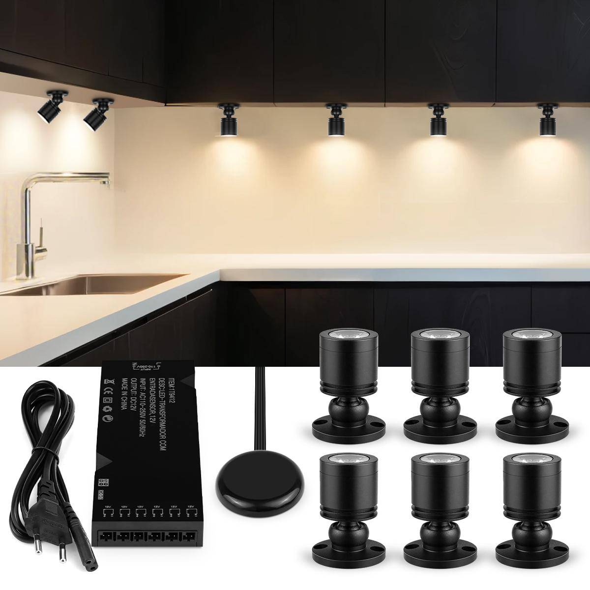 Mini LED Skåpsspotlight 12V Smyckeshyllampa Diskbänk Garderob Vitrinskåp Display Taklampor Med Dimmerströmbrytare varmvit färg