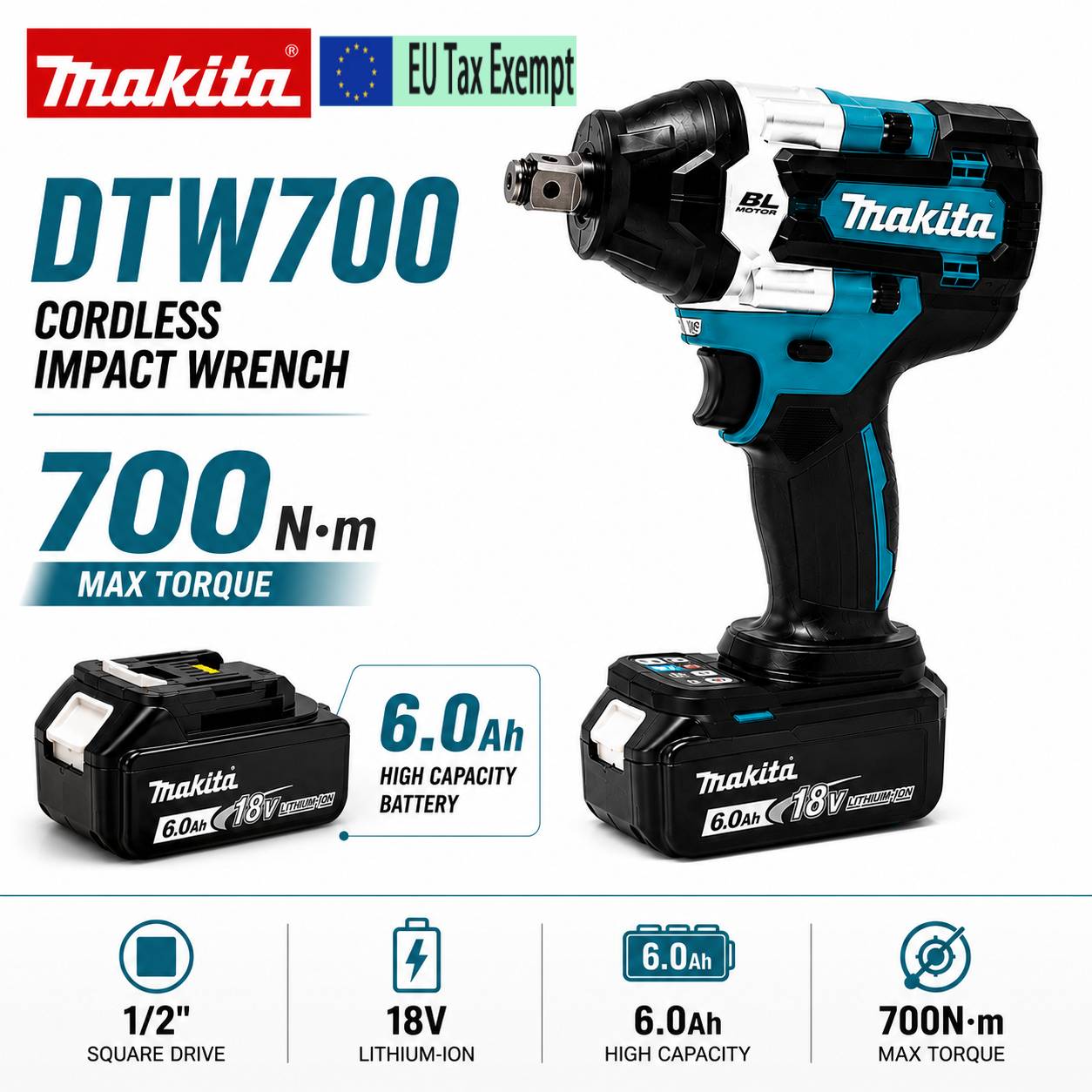 For Makita DTW700 Cordless Impact Wrench 18V Brushless Motor Electric Ratchet Wrench 700N·m High Torque Power Tool Kit with LED Light, 1/2 Inch Square Drive, Variable Speed Control, Compatible with
