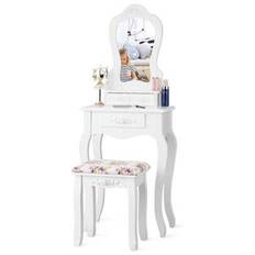 Sminkbord med pall, sminkbord med 3 lådor, även som skrivbord, kosmetikabord med avtagbar skiva, av trä, vadderad sits, i retrostil, sovrum (vit) - Vitt