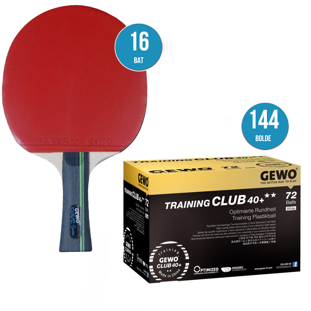 GEWO Skolebordtennisbat, 16 stk + 144 bordtennisbolde.
