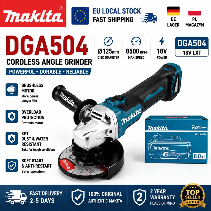Original Makita DGA504 18V Brushless Cordless Angle Grinder 125mm LXT Bare Tool Electric Power Tool EU Local Warehouse Fast Shipping Compatible with Makita BL1830 BL1840 BL1850 BL1860B 6.0Ah Batteries