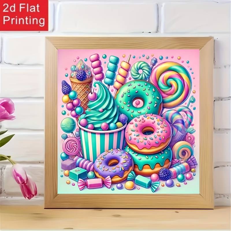 TEMU 2d/flat Printing Diamond Painting Kit - Donuts And Cakes, Round Diamonds, Frameless Multi-sizes - Perfect For Wall Decor