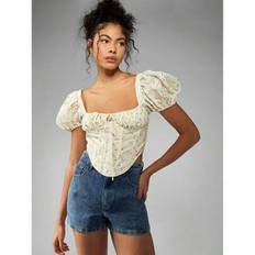 Blommig öljett korsett topp puffärm fyrkantig hals sommar stuga kärna Boho stil gröda längd mode blus festival säsong - Multifärgad - L,M,S,XL,XS