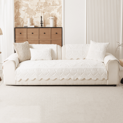 1 st fransk präglad jacquard-sofföverdrag i konstgjord kaninfuskpäls, minimalistisk lyxstil, vågig kant, fulltäckande sofföverdrag, halkfri och reptål - Vitt (Multi-size)
