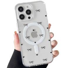 ZTOFERA Magnetiskt fodral för iPhone 15 Pro (6,1 tum), estetiskt transparent mobiltelefonfodral kompatibelt med MagSafe, söt rosett och kärlek hjärtmönster mjukt TPU stötsäkert skyddsfodral, svart