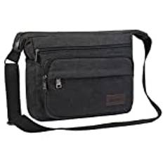 JAKAGO Canvas messengerväska 38 cm herr/kvinnor axelväska med flera fickor för skola resor utomhus fiske camping arbete daglig användning, Svart