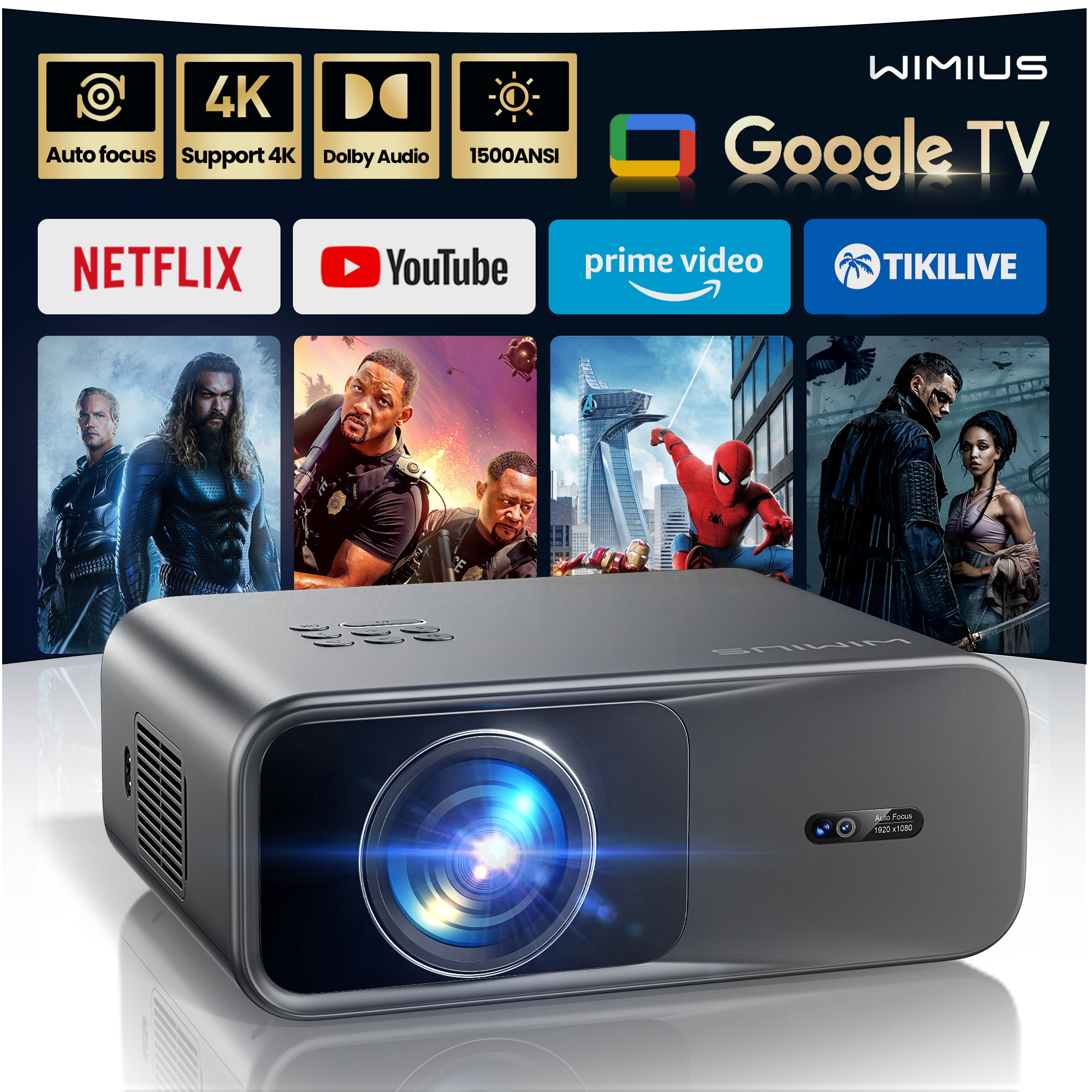 Wimius Projector 4K 1200ANSI Google TV BT5.2 Projectors Full HD 1080P Keyston Beamer 20W Speakers Home Theater Laser Proyector