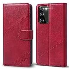 KRAFTCARE Fodral till Samsung S20 FE med skärmskydd, premium läder Galaxy S20 FE fodral, flip plånbok stötsäkert fodral med ställ kortplats telefonfodral för Samsung Galaxy S20 FE 5G, vinröd