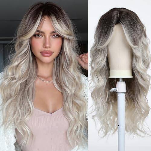 Esmee Långt Vågigt Övertoning Blandsvart Blond Peruk för Kvinnor Naturligt Syntetiskt Hår Värmetålig Peruk för Vardag, Fest och Cosplay