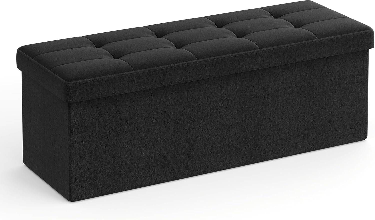 Skammel med opbevaringsplads, foldbar bænk, 38 x 110 x 38 cm fodskammel, opbevaringsboks, blæksort.