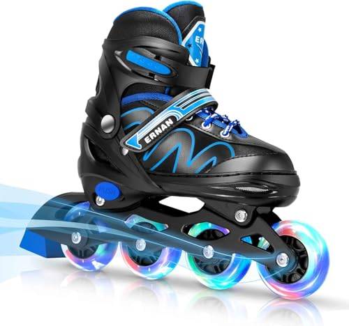 ERNAN Inline-skridskor, justerbara upplysta inline-skridskor, för pojkar och flickor, rullskridskor för barn ungdomar, nybörjare (blå, S)