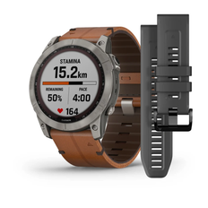 Garmin - fēnix® 7X – Sapphire Solar Edition, titanium med Chestnut læderrem og Graphite silikonerem - Model: 010-02541-19