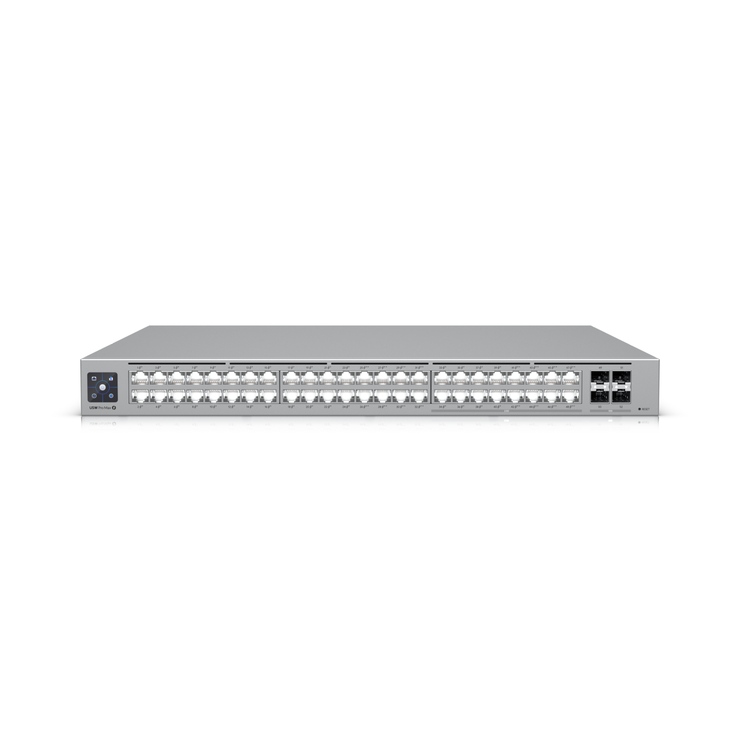 Ubiquiti USW-Pro-Max-48-PoE UniFi 48-portars multi-gigabit PoE++ switch, med lager 3-funktioner och etherlighting.