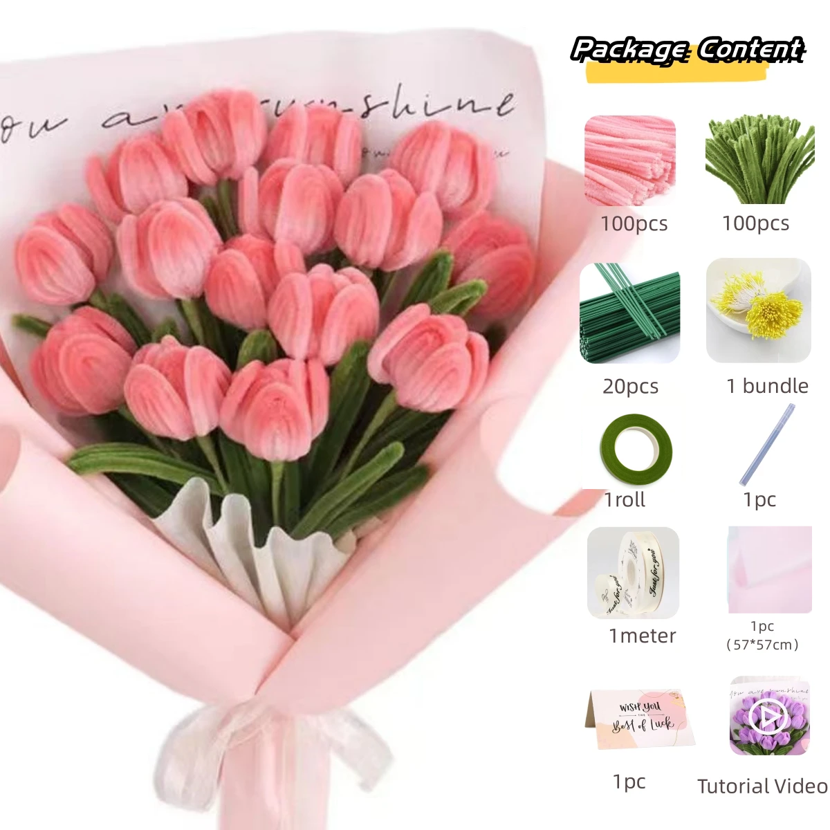 200pcs Pipe Cleaners Craft Supplies with 20pcs Metal Rods, 1 Glue Bar, 1 Garden Tape, 1m Ribbon, 1pc Haze Paper and 1 Gift Card