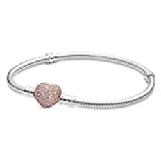 PANDORA Pavé-Herz-Verschluss Schlangen-Gliederarmband mit Sterling-Silber und 14 Karat rosévergoldete Metalllegierung, Cubic Zirkonia Steinen aus der PANDORA Moments Collection, 17cm