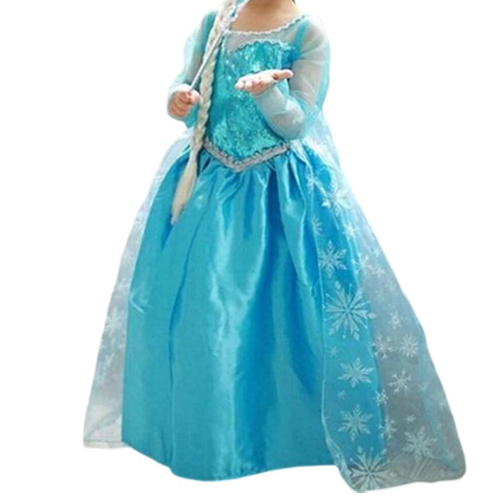 Prinsessekjoler til piger, Blå Elsa-kjole med krone og snefnug-tiara, Elsa-kostume med glitrende organza-nederdel og aftagelig kappe.