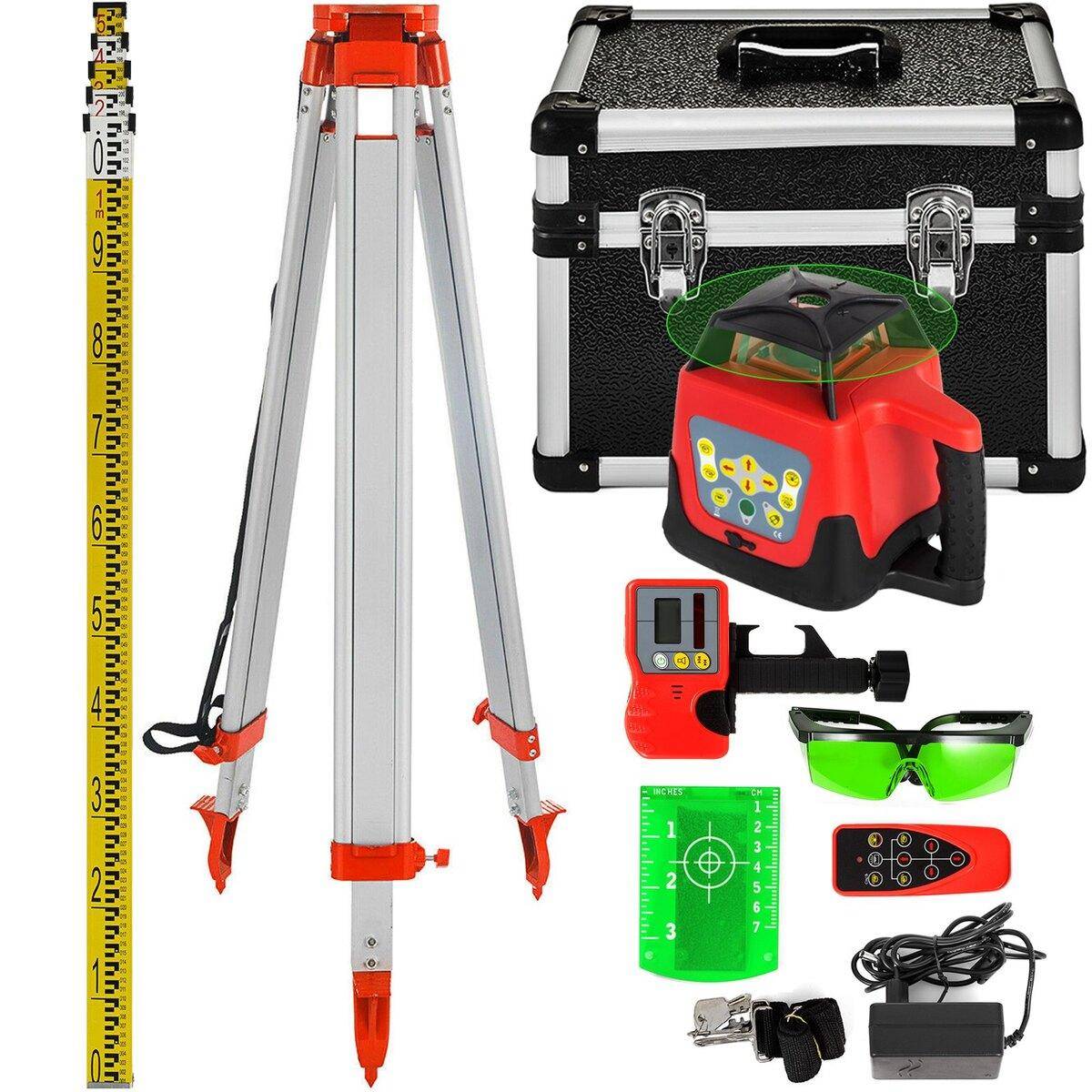 Green Rotary Laser Level Kit with Adjustable Tripod and 5M Staff, 500M Range, 360 Degree Rotary Scanning, Self-Leveling Laser Level System Kit, for