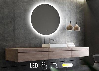 Rundt spejl med LED lys, front og back, lysstyring og anti-damp - Ø60