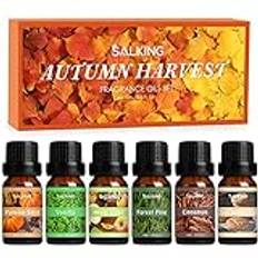 Salking Set med eteriska oljor för höst, 6 x 10 ml, 100 % ekologisk aromaterapi doftolja, presentset för diffuser, luftfuktare, massage, pumpakrydda, vanilj, skogsfuru, äppelvin, kanel, kanelkakor