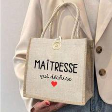 Mini Chic Printing Bag Gift For Teachers Tote Bag,Linen Tote Bag, Hand Shopping Bag - Stylish Beige Holder Bag,Perfect Gift For Her, Ideal For Travel, - Beige