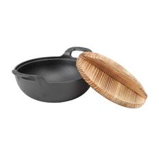 Cast Iron Wok with 2 Handle Wooden Lid Frying Pan with Flat Base Uncoated for Stir Fry Grill Steam 20cm/7.9in
