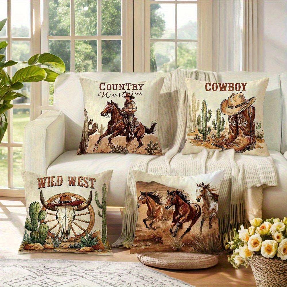 Vintage Western Cowboy Kuddfodral Vilda Västern Häst Dubbelsidigt Tryckta Plädkuddöverdrag Bondgårds Heminredning Kuddfodral