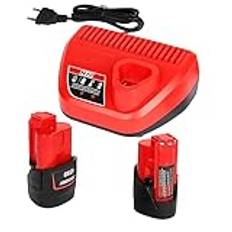 Powarobor 2 stycken M12 12 V 3,0 Ah ersättningsbatteri och 1 st. laddare startkit kompatibel med Milwaukee 12 volt Li-Ion batterier verktyg