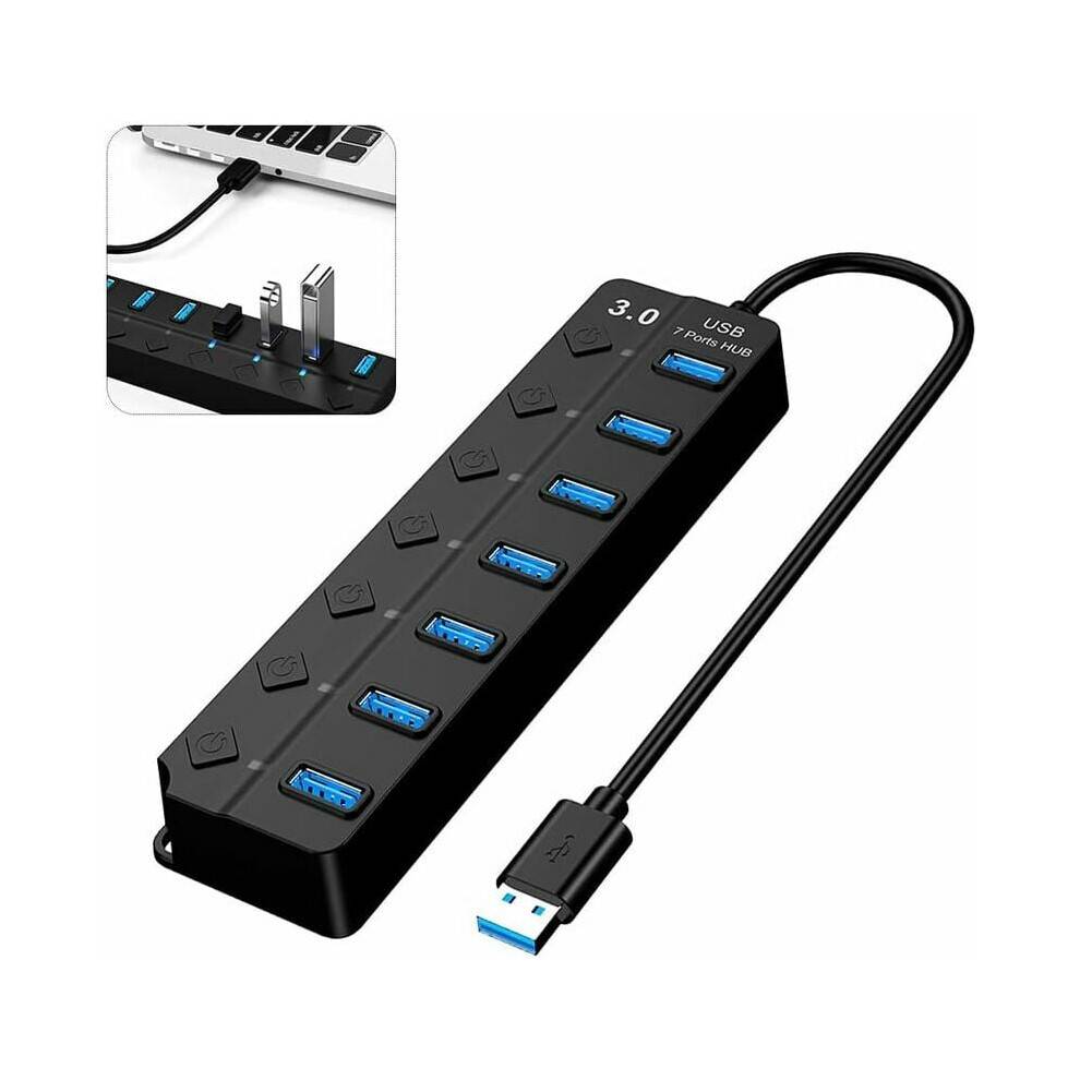 USB 3.0-hub, USB-grenuttag med flera 7 portar och oberoende brytare, strömförsörjande USB 3.0-hub, flera USB-portar för PC, bärbar dator, Ma