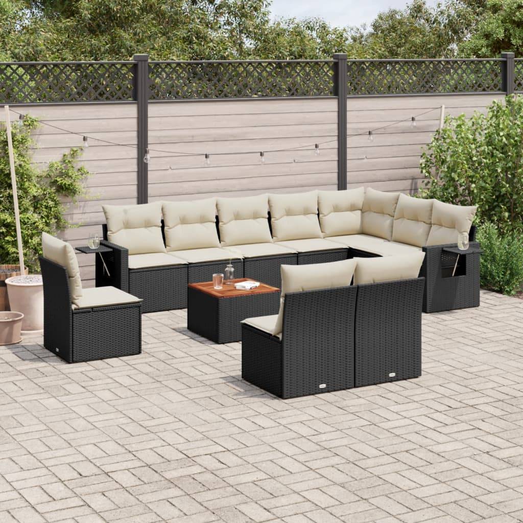Havesofasæt 11 Dele Med Hynder Polyrattan - Sort og cremefarvet